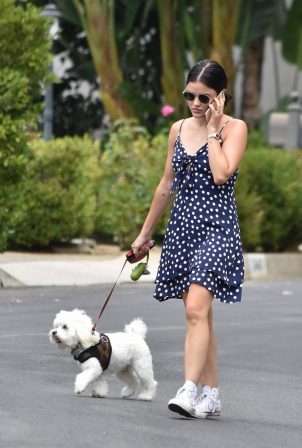 Lucy Hale - In summer dress walking her dog Elvis in Studio City