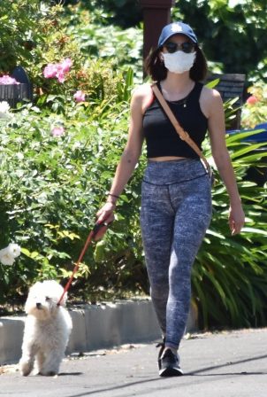 Lucy Hale in Tights and Sports Bra - Goes on a walk with her dog Elvis in Studio City