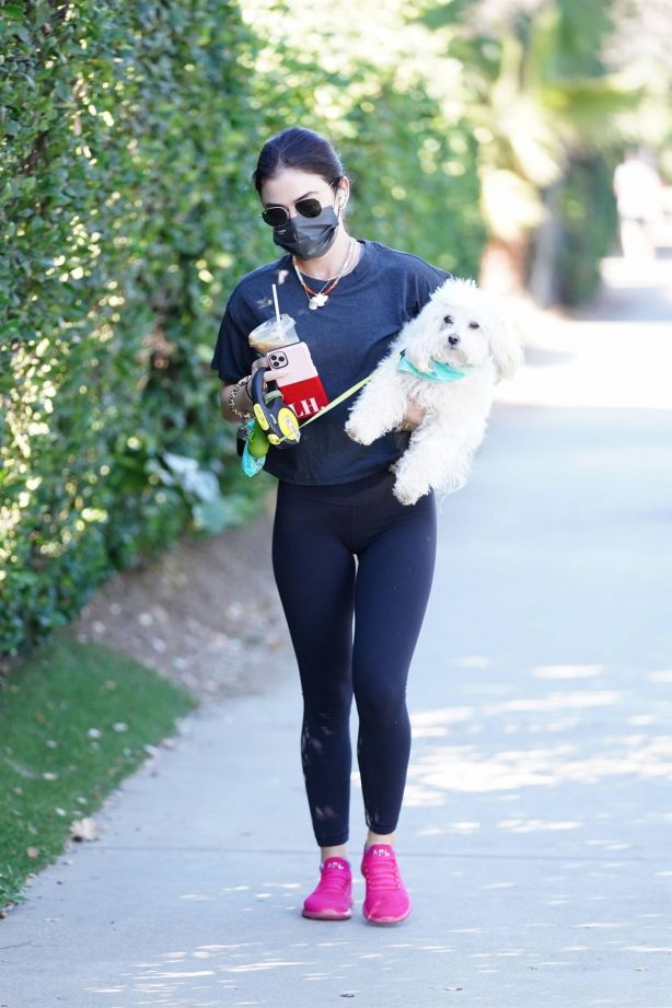 Lucy Hale - out for a hike with Elvis in Los Angeles