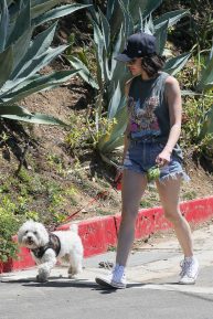 Lucy Hale - Spotted while walking Elvis in Los Angeles