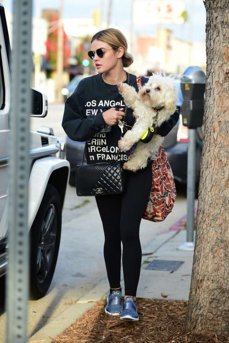 Lucy Hale takes her dog for a walk in Studio City