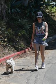 Lucy Hale - Wearing denim shorts while dog walk in Beverly Hills