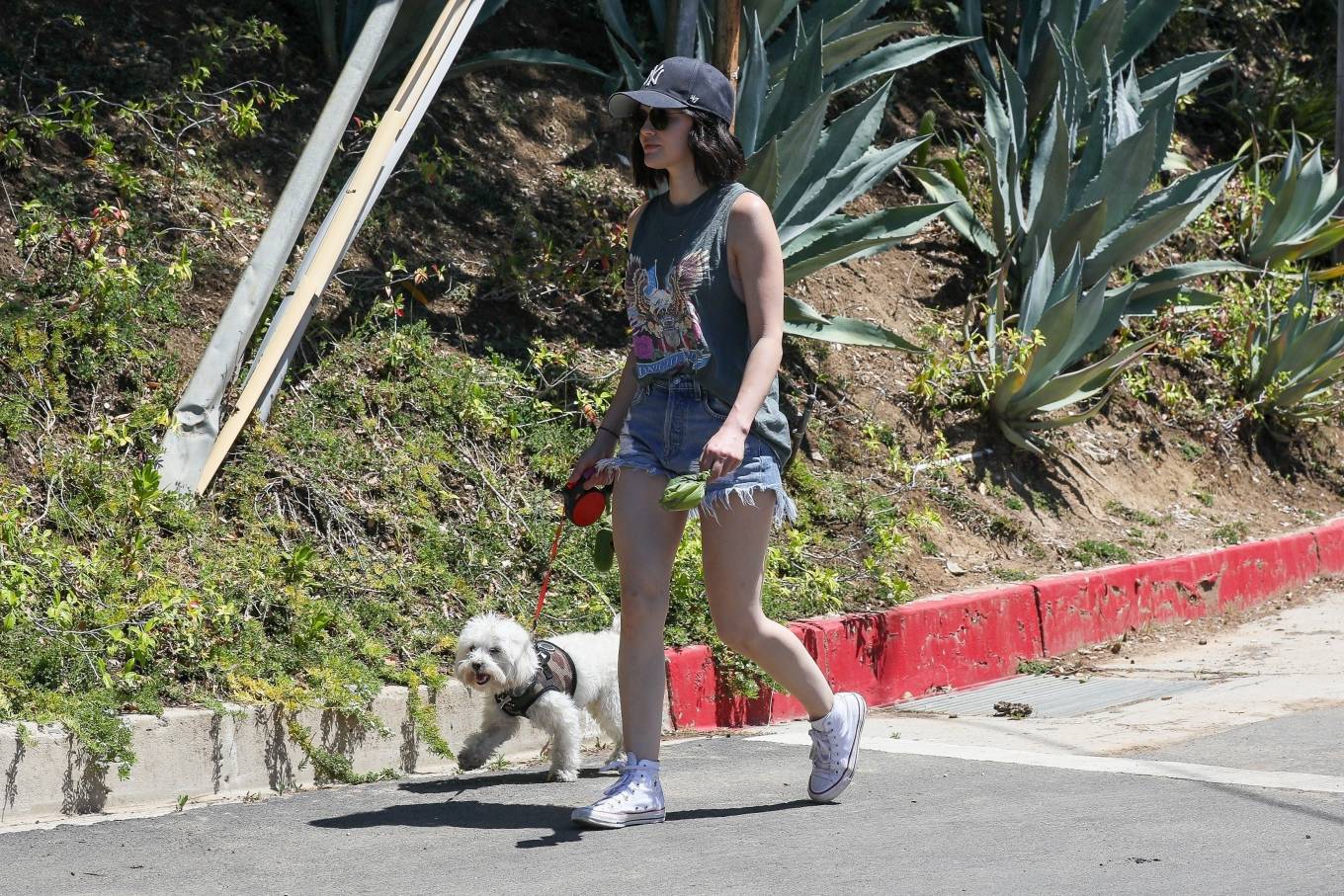 Lucy Hale â€“ Wearing denim shorts while dog walk in Beverly Hills