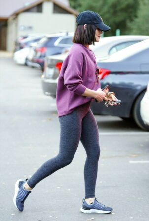 Lucy Hale - Wears a purple sweater and tights in Los Angeles