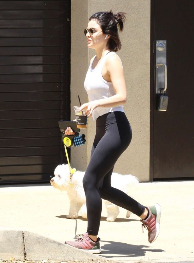 Lucy Hale with her dog Elvis out in Hollywood Hills