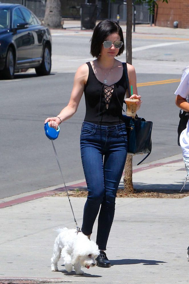 Lucy Hale with her dog Elvis out in Los Angeles