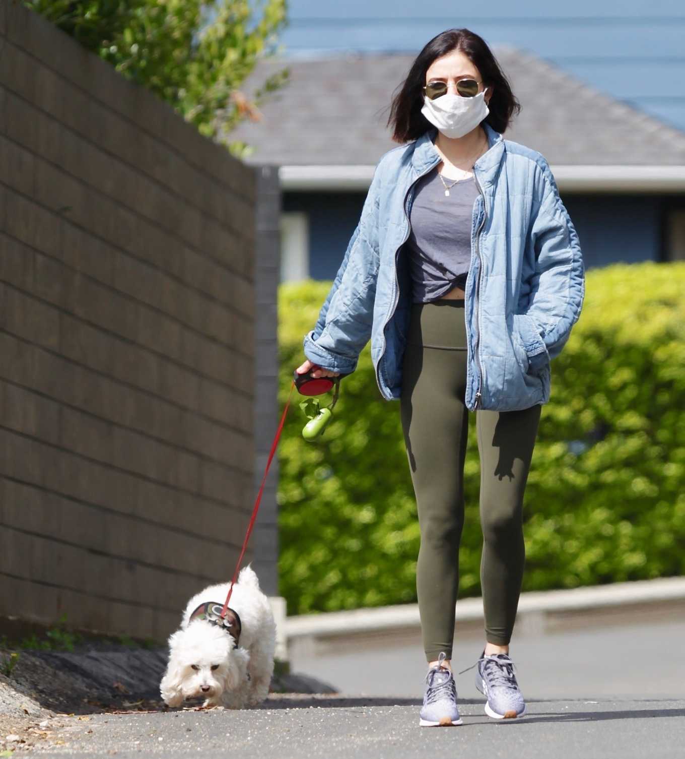 Lucy Hales â€“ Wears a protective mask while walk with Elvis