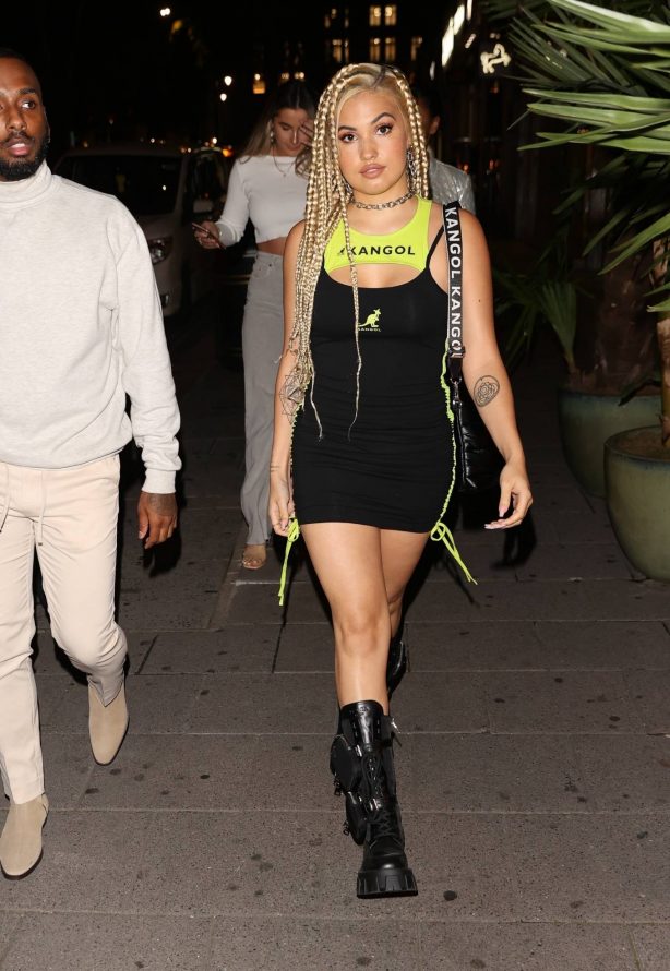 Mabel looks - Night out in a Kangol minidress in London