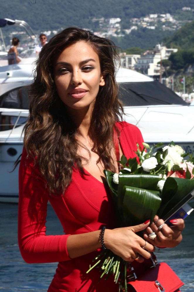 Madalina Ghenea in Red Dress Arrives in Ischia