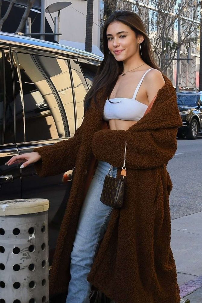 Madison Beer in Long Brown Coat - Shopping in Beverly Hills