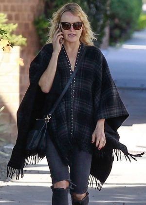 Malin Akerman in a Black Plaid Poncho and Ripped Jeans out in Beverly Hills