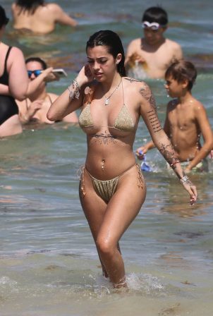 Malu Trevejo - In a gold bikini during a beach day in Miami