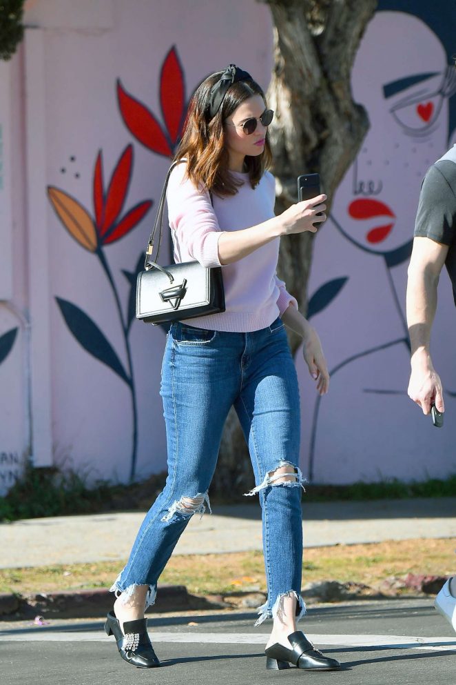 Mandy Moore in a pink sweater and jeans out in Los Angeles