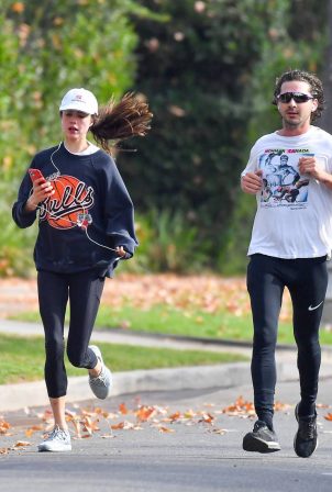 Margaret Qualley and Shia LaBeouf - Out for a morning jog in Pasadena