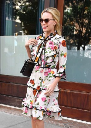 Margot Robbie in Floral Dress in New York City
