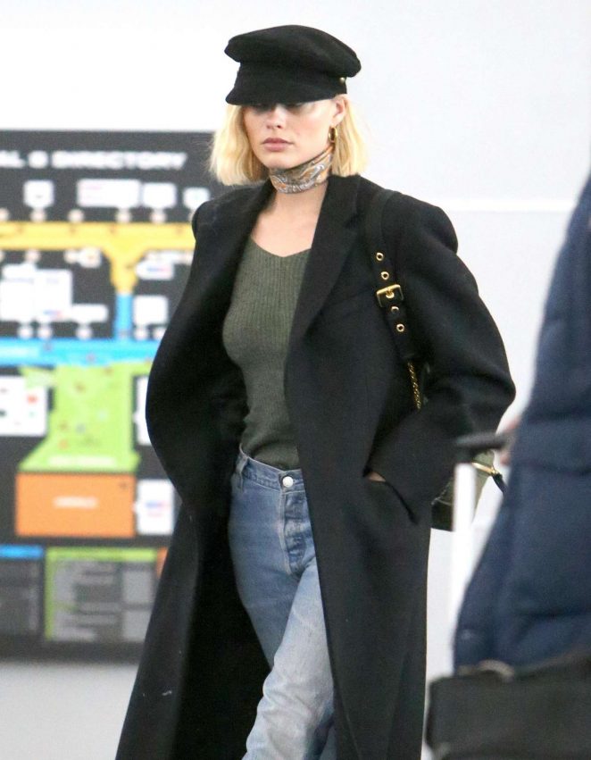 Margot Robbie in Long Coat at JFK Airport in NY