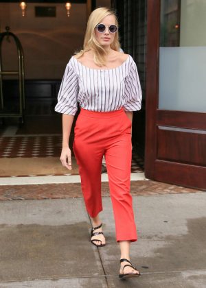 Margot Robbie in Red Pants Out in New York