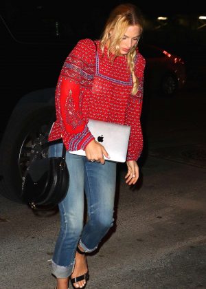 Margot Robbie in Red Peasant Blouse in NYC