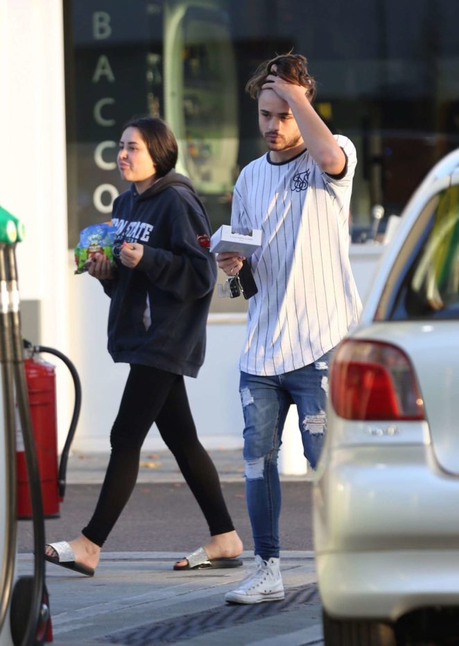 Marnie Simpson and boyfriend Casey Johnson at a petrol station in North London