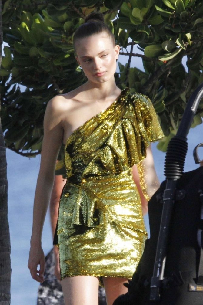 Martha Hunt - Photoshoot in a stunning gold sequin dress in Brazil