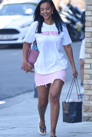 Maya Jama in Pink Mini Skirt - Out in London