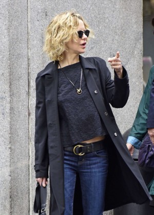 Meg Ryan in Jeans and Black Coat in New York City