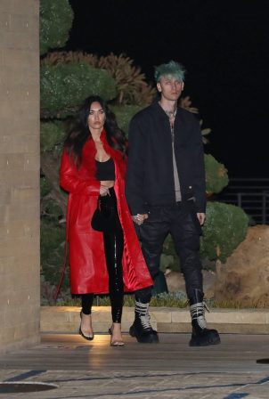 Megan Fox - In a red leather trench coat and PVC pants at Nobu Malibu