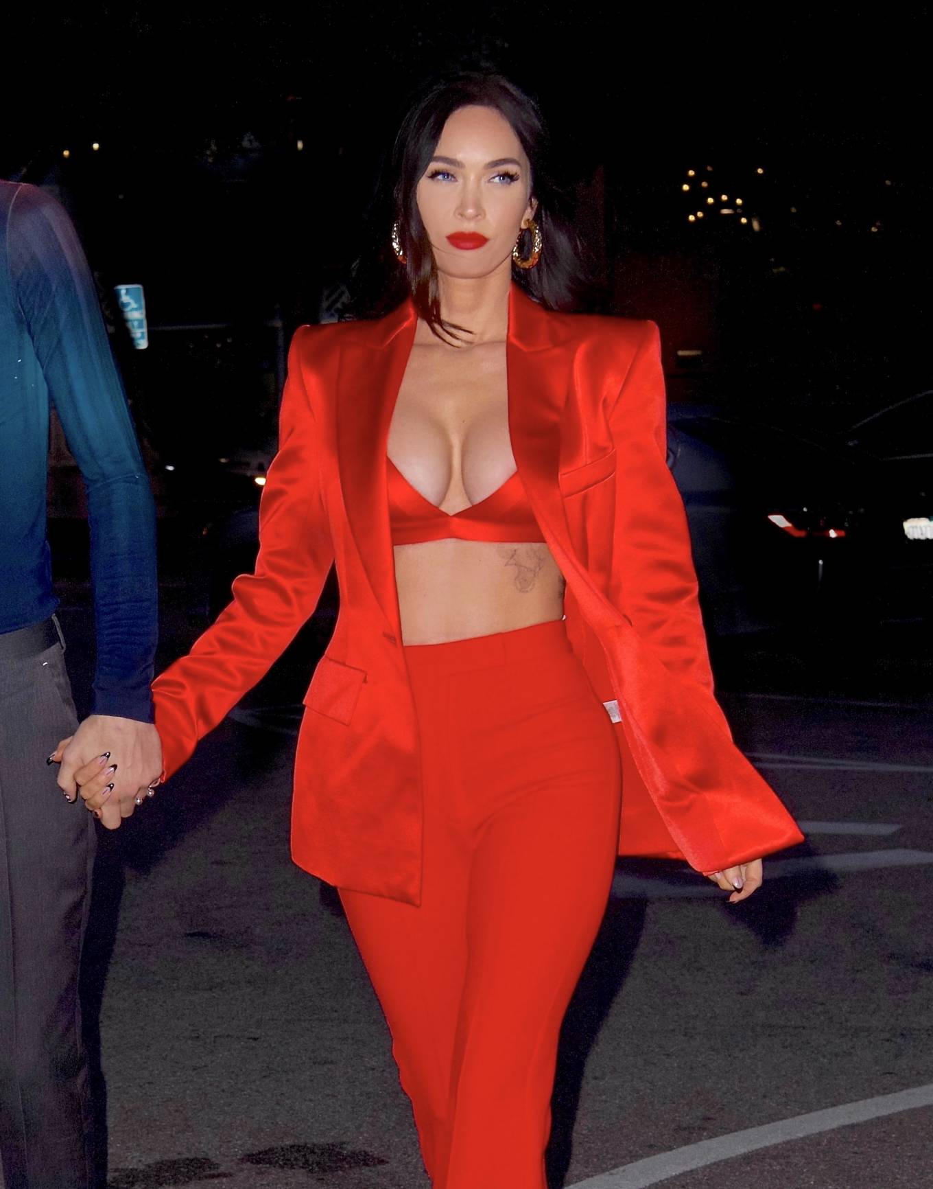 Megan Fox - In red satin suit and platform heels in out Santa Monica
