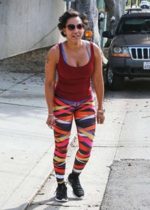 Melanie Brown in Colorful Tights Jogging in Beverly Hills