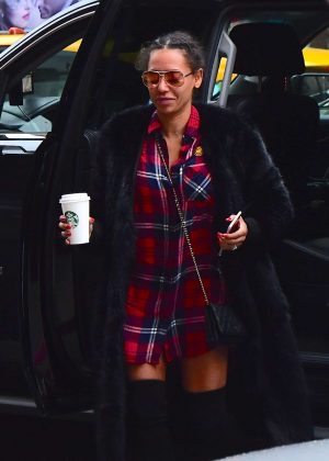 Melanie Brown in Knee High Boots and a Plaid Shirt out in NYC
