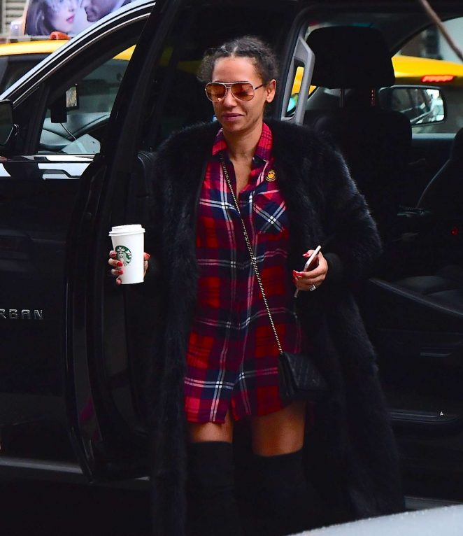 Melanie Brown in Knee High Boots and a Plaid Shirt out in NYC
