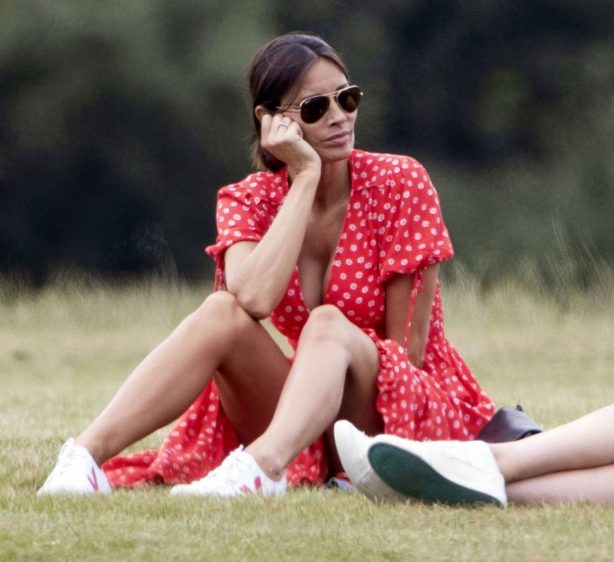 Melanie Sykes in a Bright Red Summery Dress in Primrose hill Park