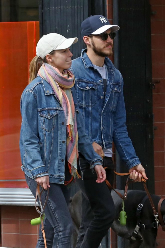 Melissa Benoist and Chris Wood walking her dogs Farley in Vancouver