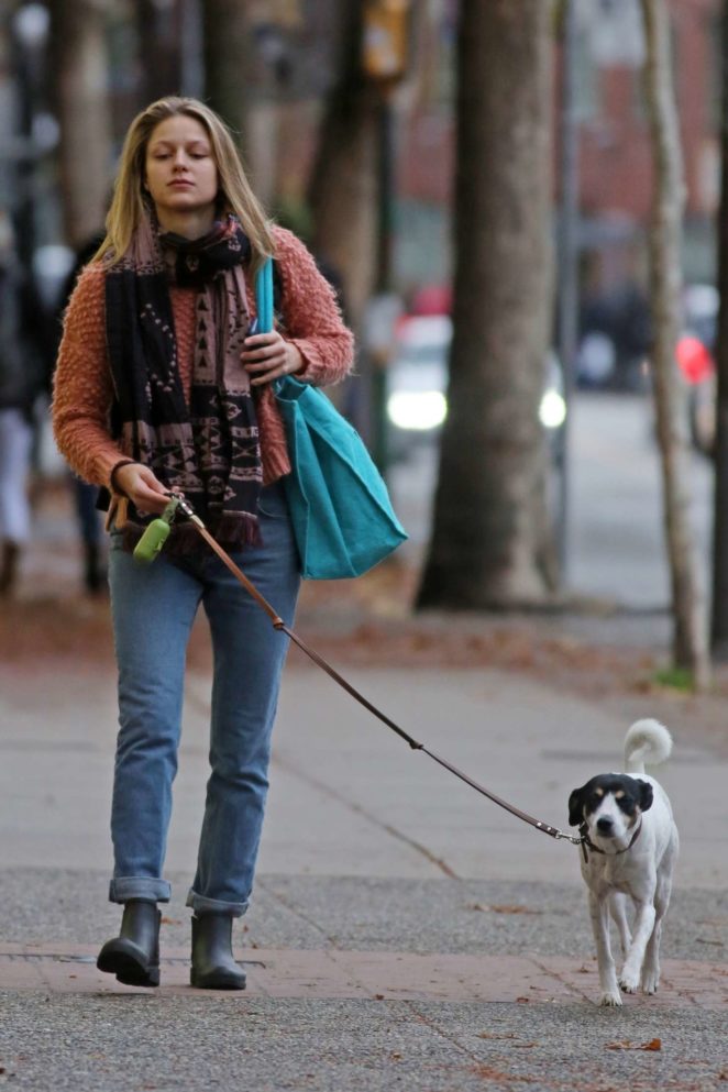 Melissa Benoist and her dog Farley out in Vancouver