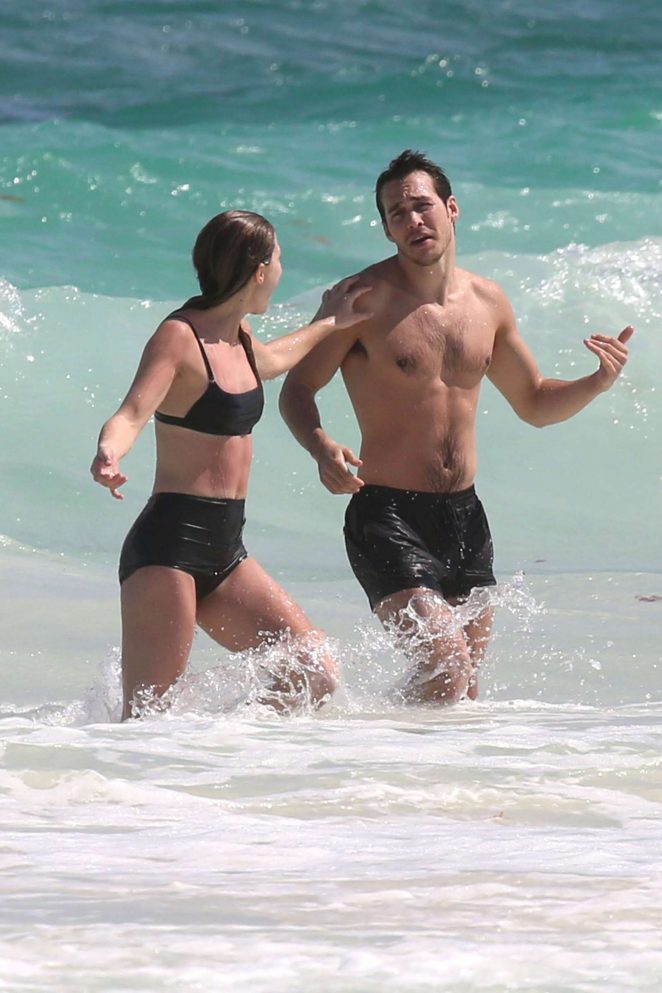 Melissa Benoist in Black Bikini at the Beach in Cancun