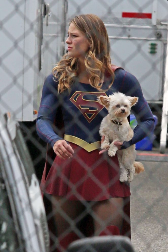 Melissa Benoist on the set of 'Supergirl' in Langley
