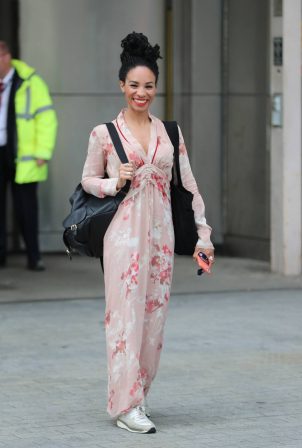 Michelle Ackerley - Wears pink dress while leaving BBC TV studio in London