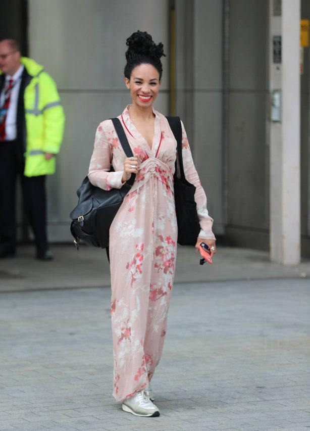 Michelle Ackerley - Wears pink dress while leaving BBC TV studio in London