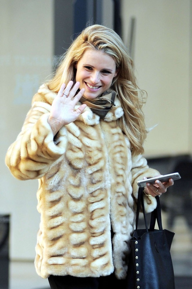 Michelle Hunziker in Fur Coat out in Milan