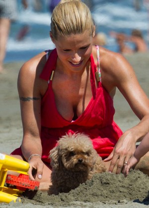 Michelle Hunziker in Red Dress on the beach in Forte dei Marmi