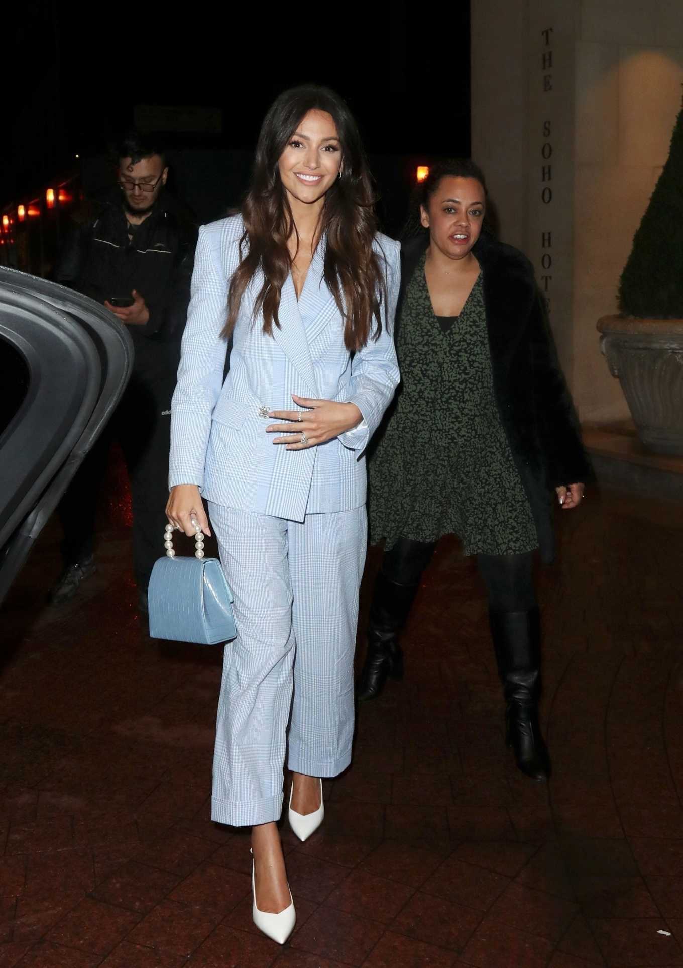 Michelle Keegan in a Lilac Plaid Suit â€“ Out in London