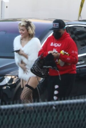 Miley Cyrus - In fishnet stockings as she is spotted heading to shoot a project in Hollywood