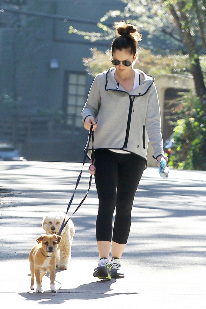 Minka Kelly in Tights Walking her dogs in Hollywood