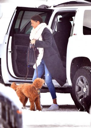 Miranda Kerr with her dog out of Jackson Hole