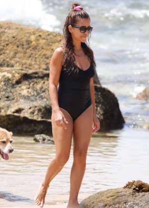 Monica Cruz in Black Swimsuit on the beach in Cadiz