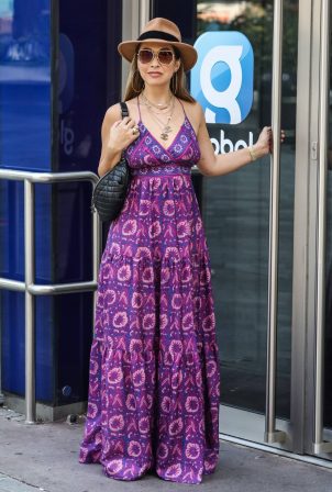 Myleene Klass - In purpple dress arrives at the Global Radio Studios in London