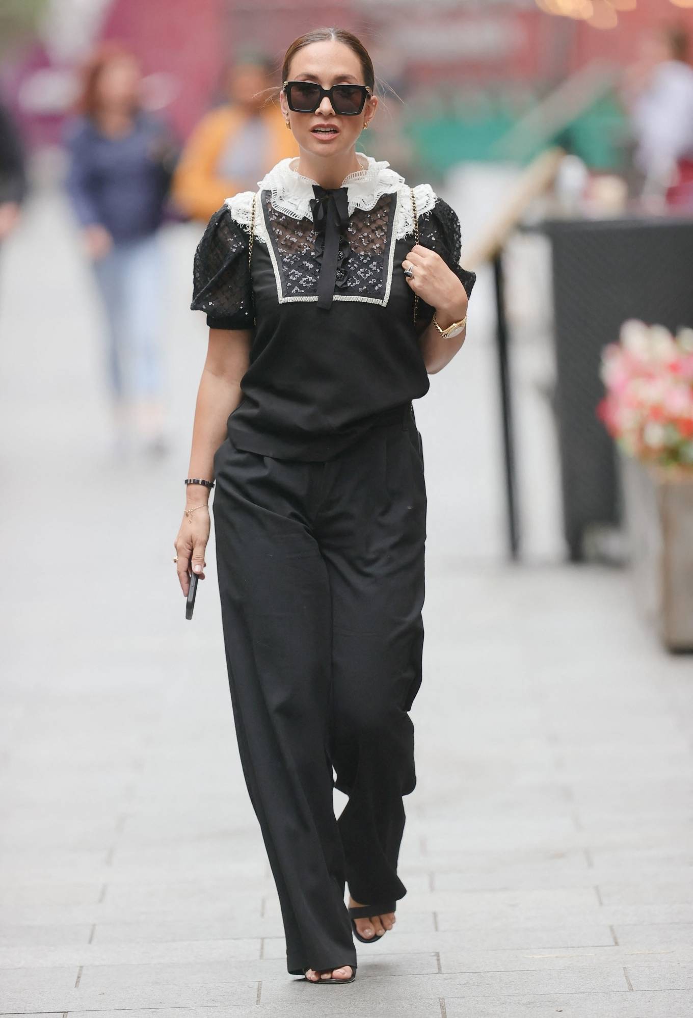 Myleene Klass 2021 : Myleene Klass – Out in a monochrome top and black pants in London-01