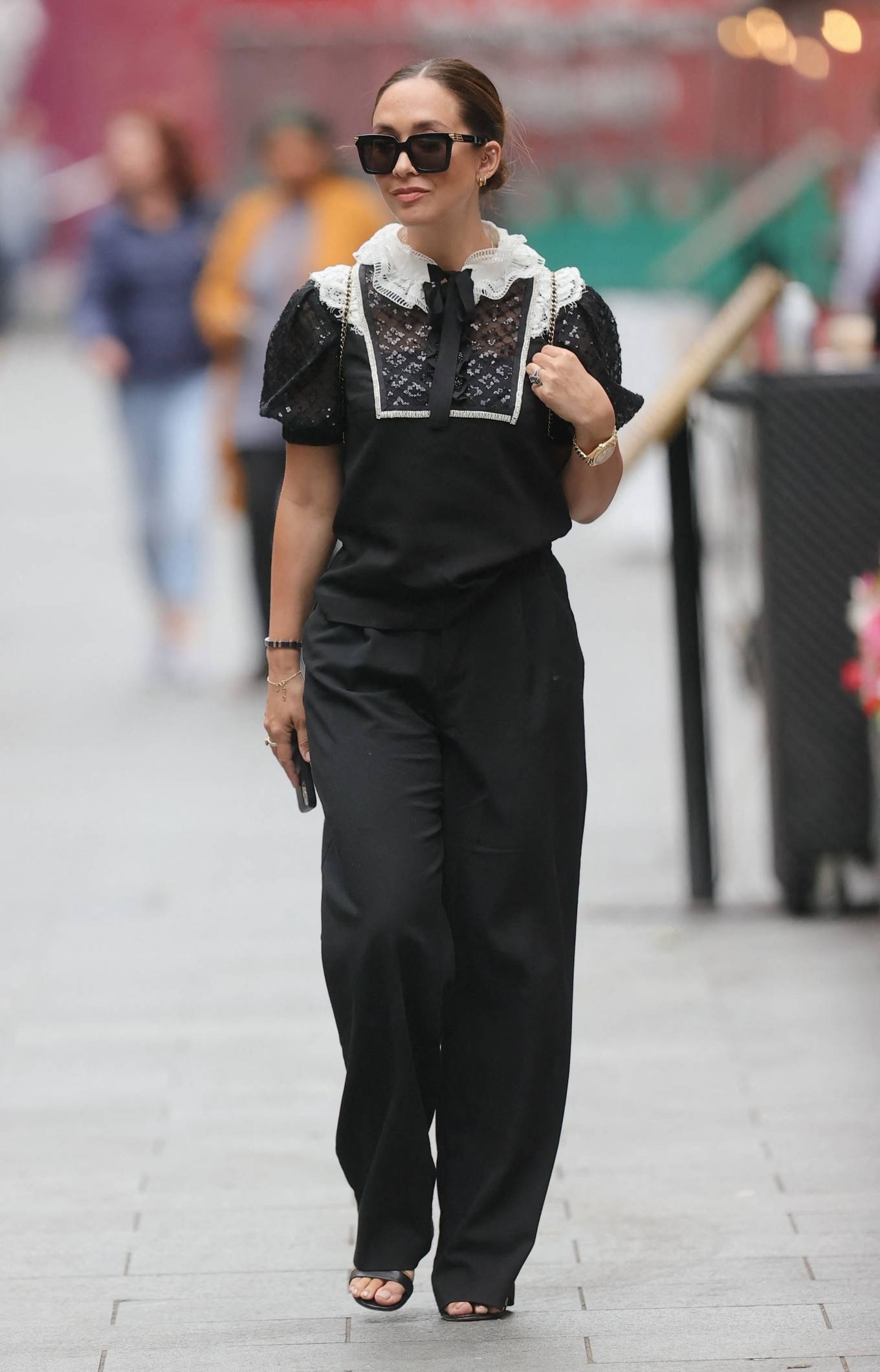 Myleene Klass 2021 : Myleene Klass – Out in a monochrome top and black pants in London-04