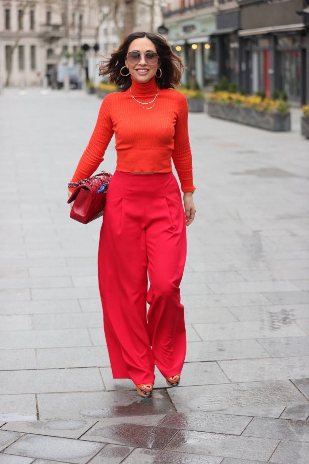 Myleene Klass - Out in red trousers and orange ribbed top at Smooth radio Studios in London