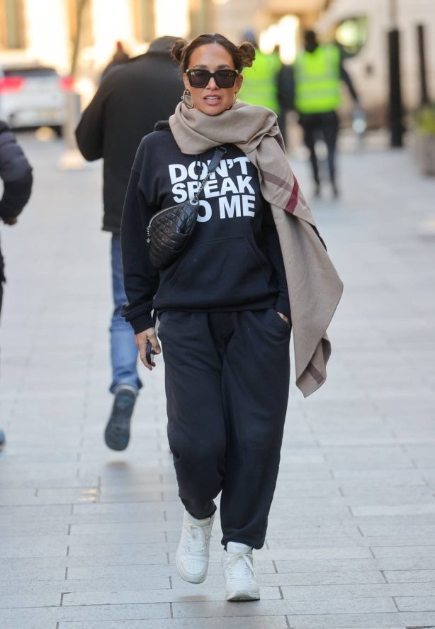 Myleene Klass - Stepping out wearing a striking slogan top at Smooth radio in London